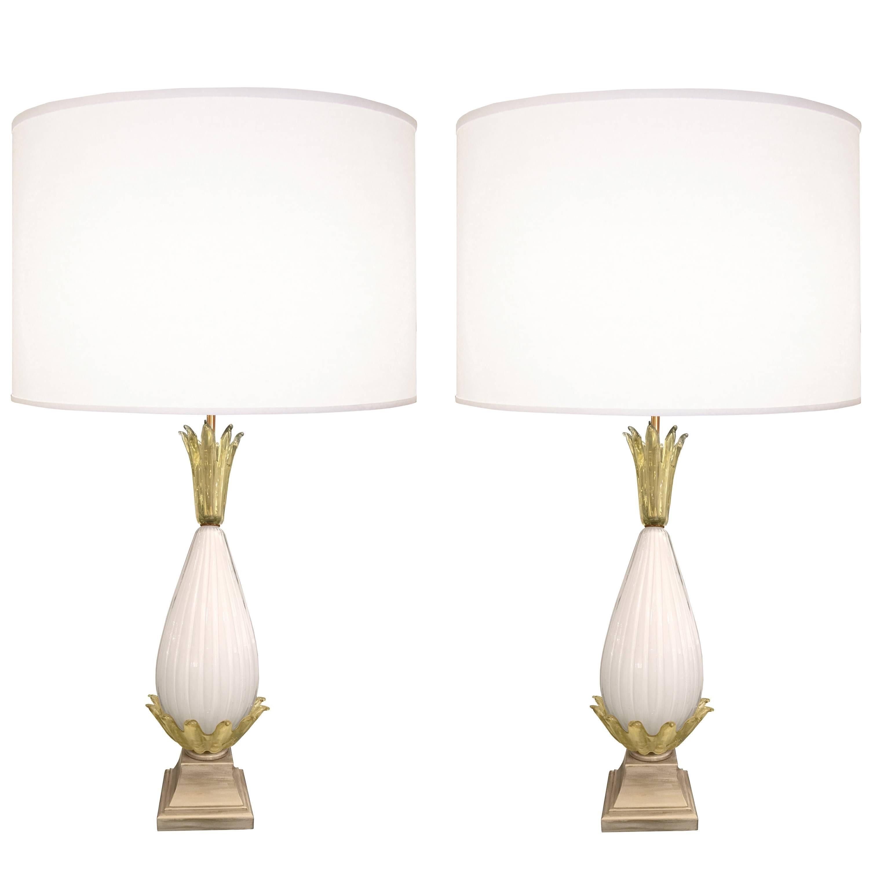 Pair of Fluted Murano Glass Lamps For Sale