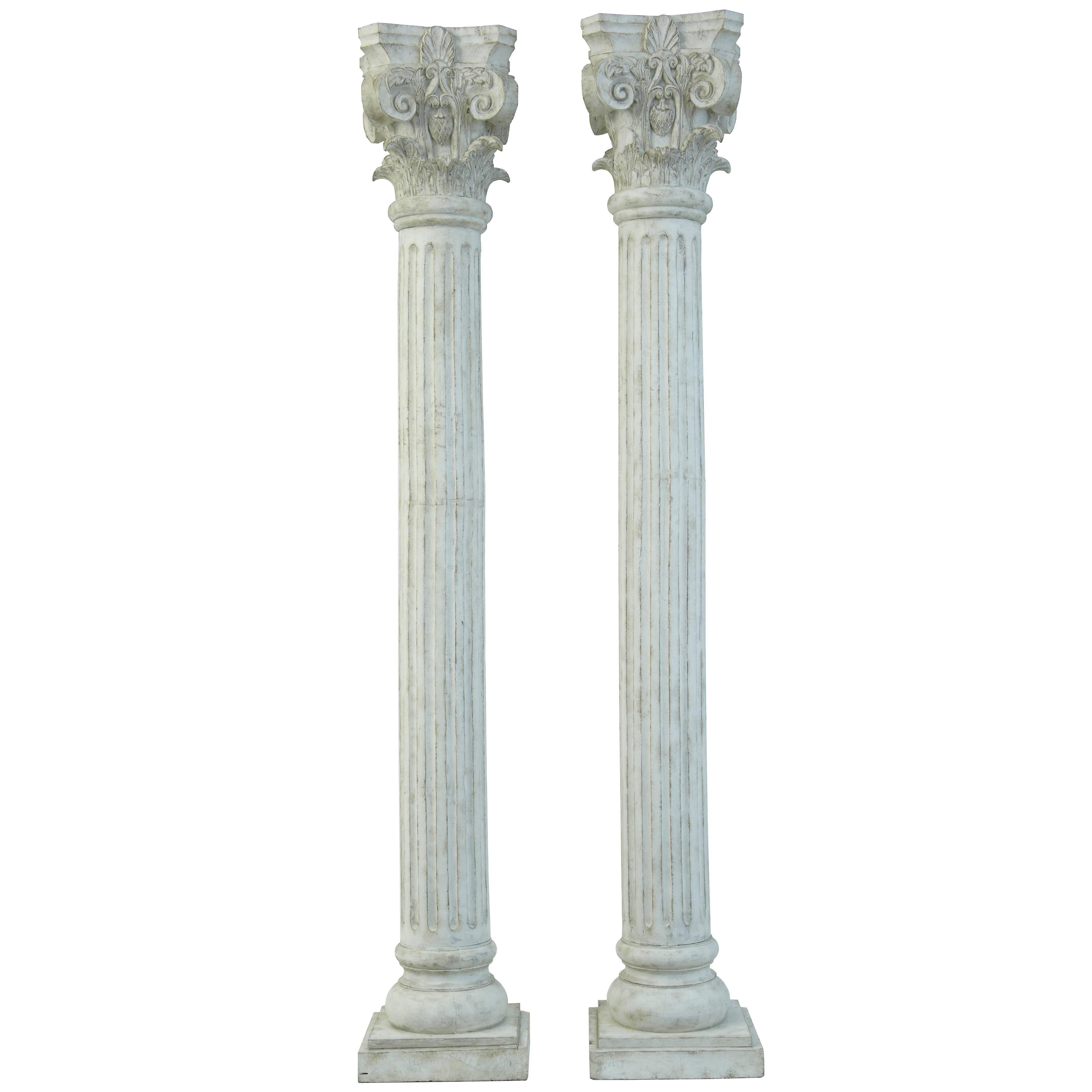 Large Pair of Decorative Carved Wood Corinthian Columns