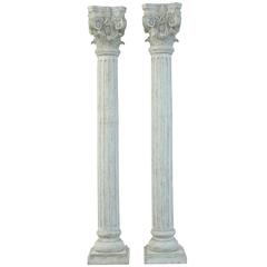 Large Pair of Decorative Carved Wood Corinthian Columns