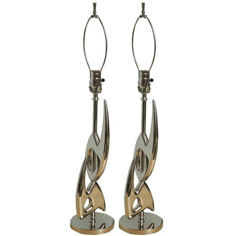 Pair of Rembrandt Nickel Plated Abstract Lamps For Sale
