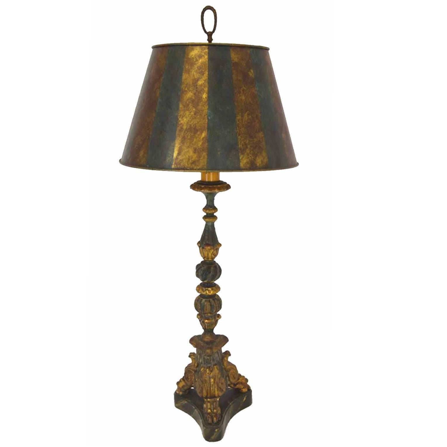 Superb Antique Italian Baroque Hand-Carved Faux Candlestick Lamp, circa 1720 For Sale