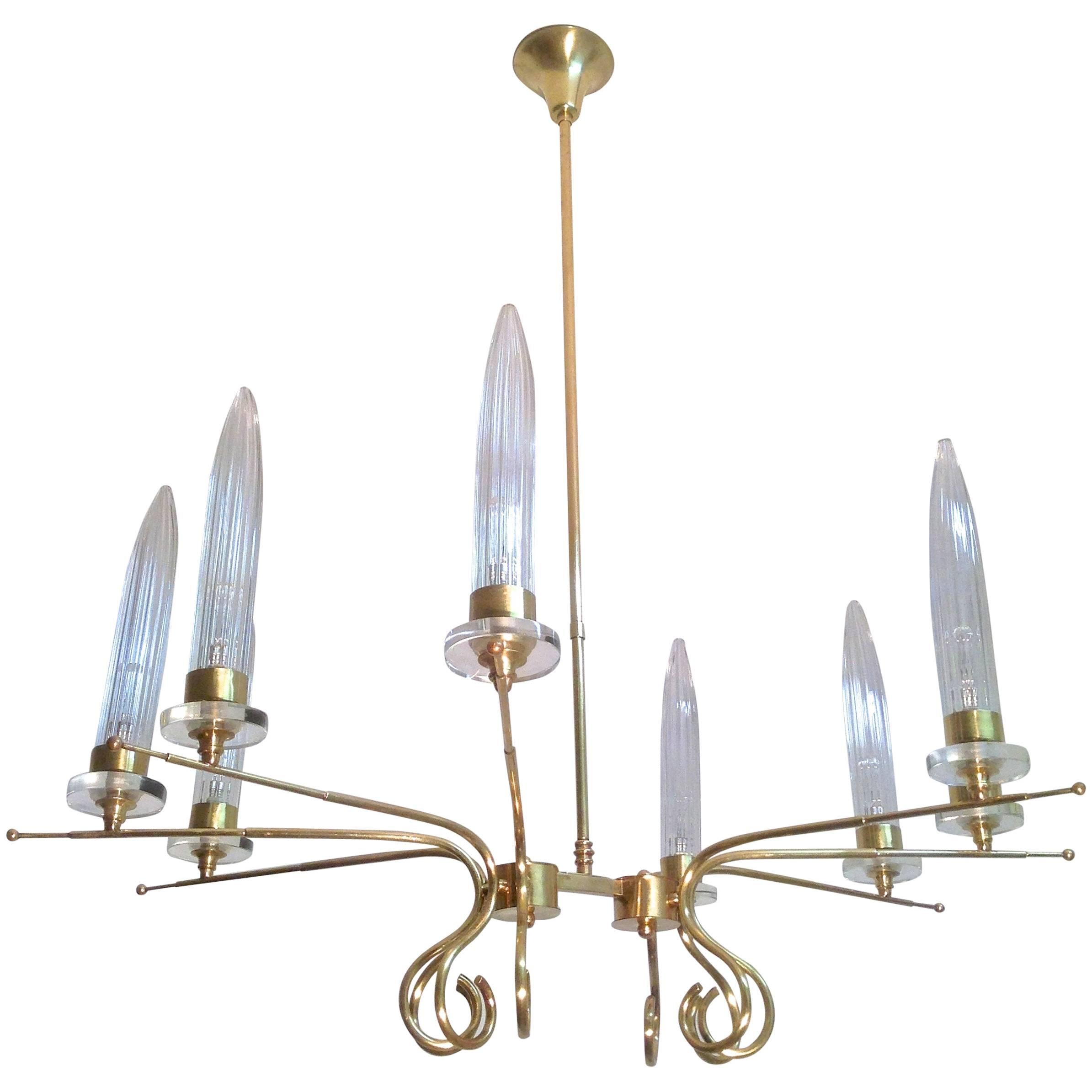  Brass Italian Duo Chandelier With Tall Glass Cone Shaped Diffusers For Sale