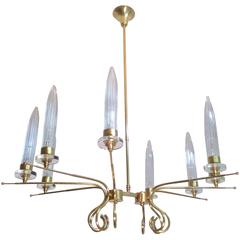  Brass Italian Duo Chandelier With Tall Glass Cone Shaped Diffusers