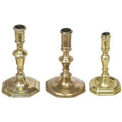 Three Associated French Brass Candlesticks, Huguenot Style 1680-1780