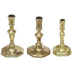 Three Associated French Brass Candlesticks, Huguenot Style 1680-1780