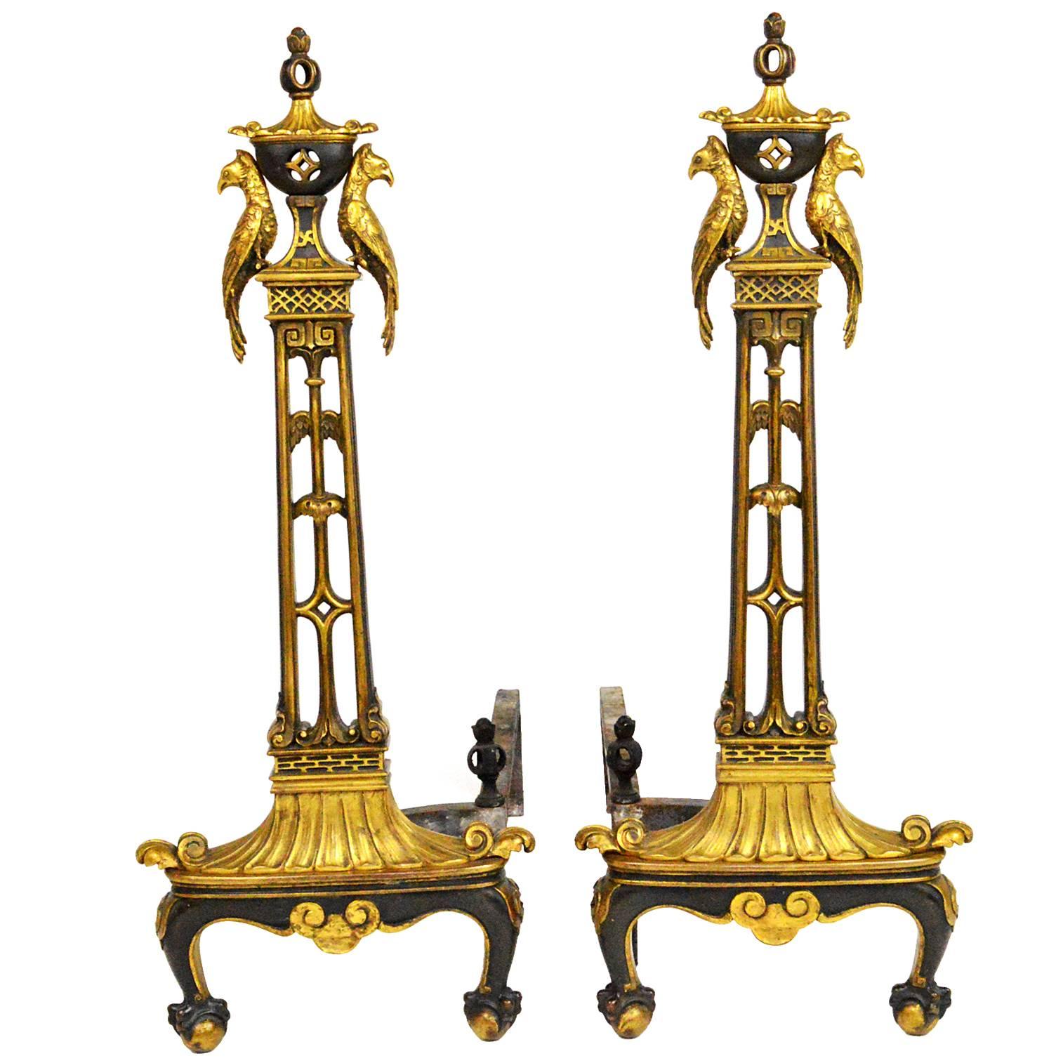Pair of Chinese Chippendale Style Gilt and Patinated Bronze Andirons