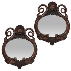 Large Pair of Rare English Carved Mahogany Grotto Mirrors
