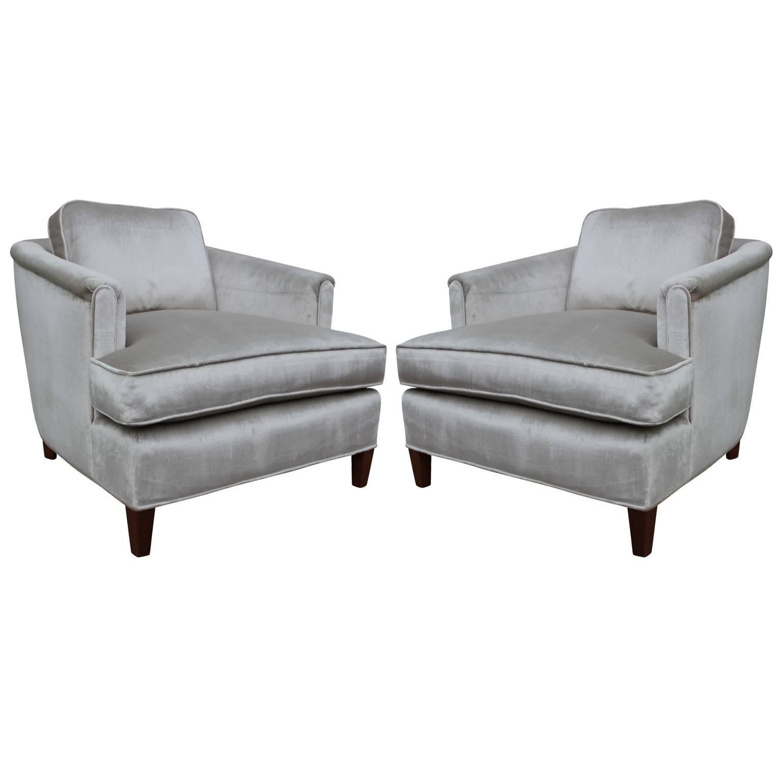 Stunning Pair of Barrel Back Lounge Chairs in Silver Grey Velvet