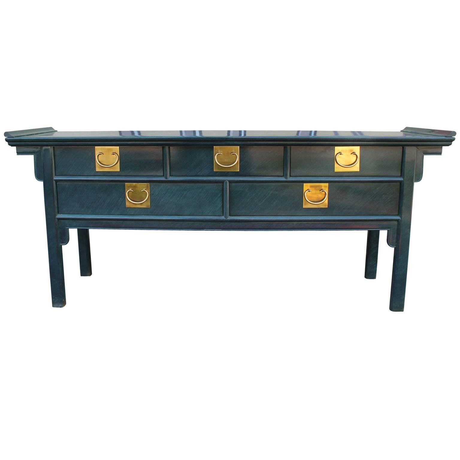 Lacquered Pagoda Century Console Table with Brass Hardware