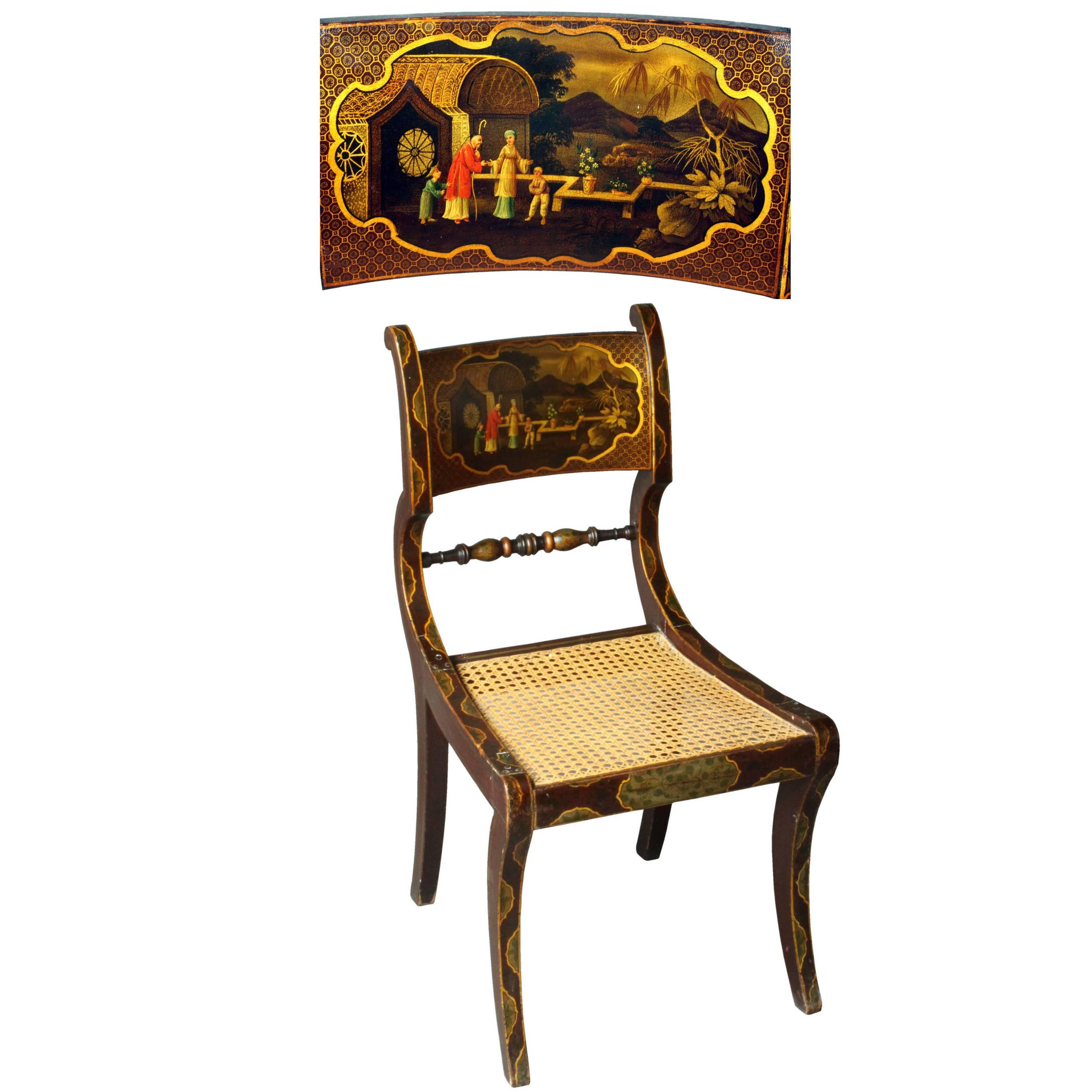 A Regency chair with finely painted chinoiserie decoration. Old metal braces - please see photo. 

Margaret Jourdain's - Regency Furniture illustrates a very similar chair: Fig. 94