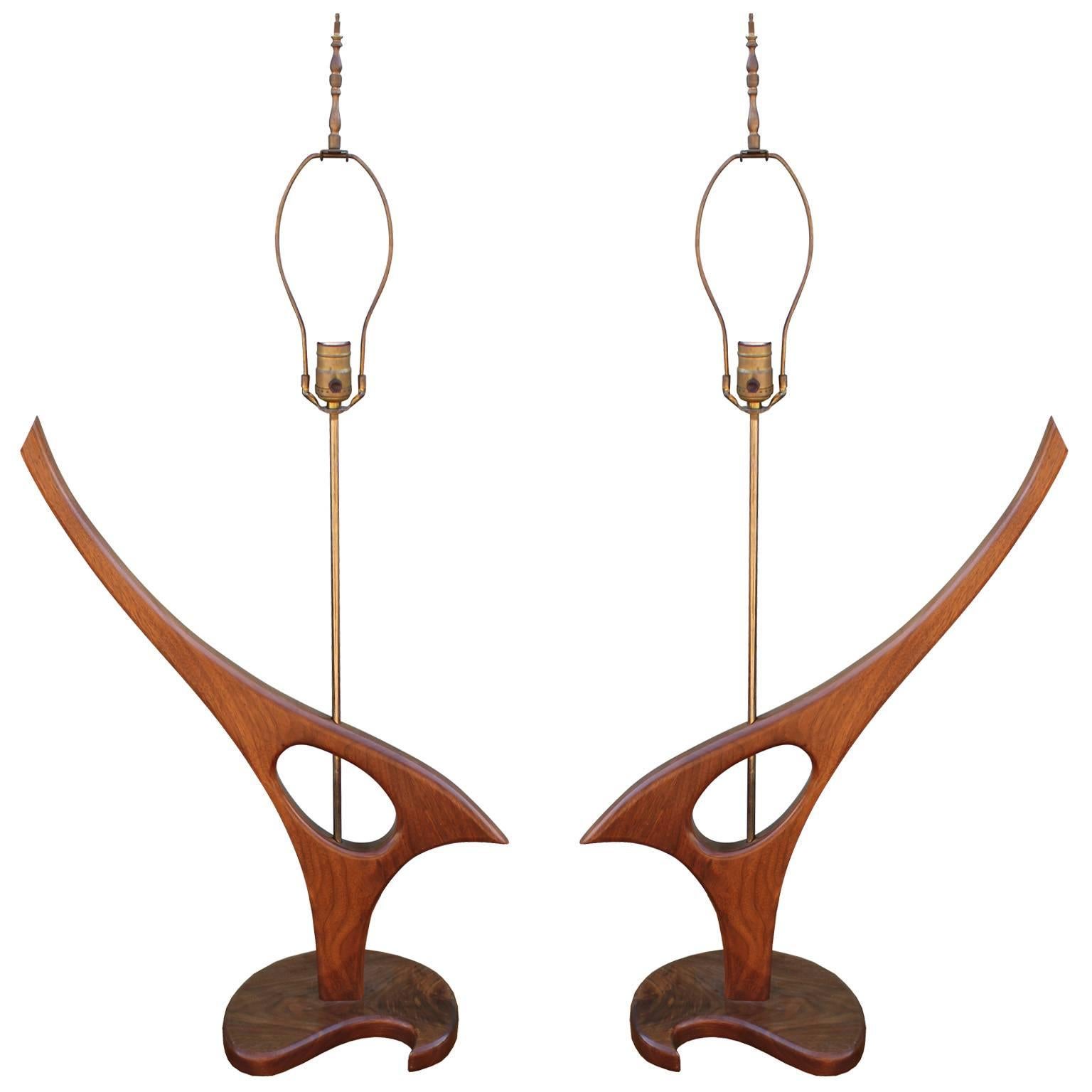 Striking Pair of Sculptural Organic Walnut Table Lamps