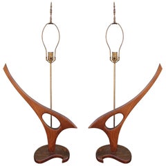 Striking Pair of Sculptural Organic Walnut Table Lamps