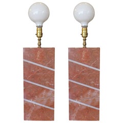 Pair of Modern Heavy Pink Marble Modern Table Lamps