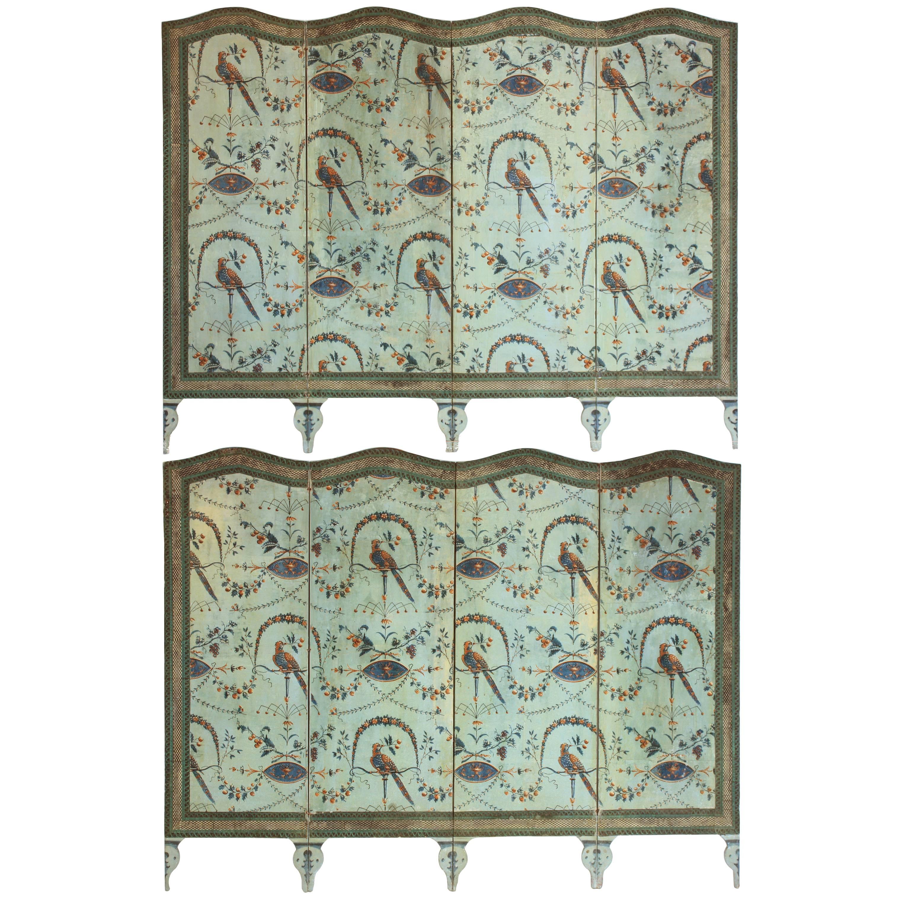 A French four-panel wallpaper screen, depicting birds and foliage detail on one side and panels of various fashion motifs on the reverse.  Currently, screen is flat mounted to the wall but it could easily be made to fold and stand