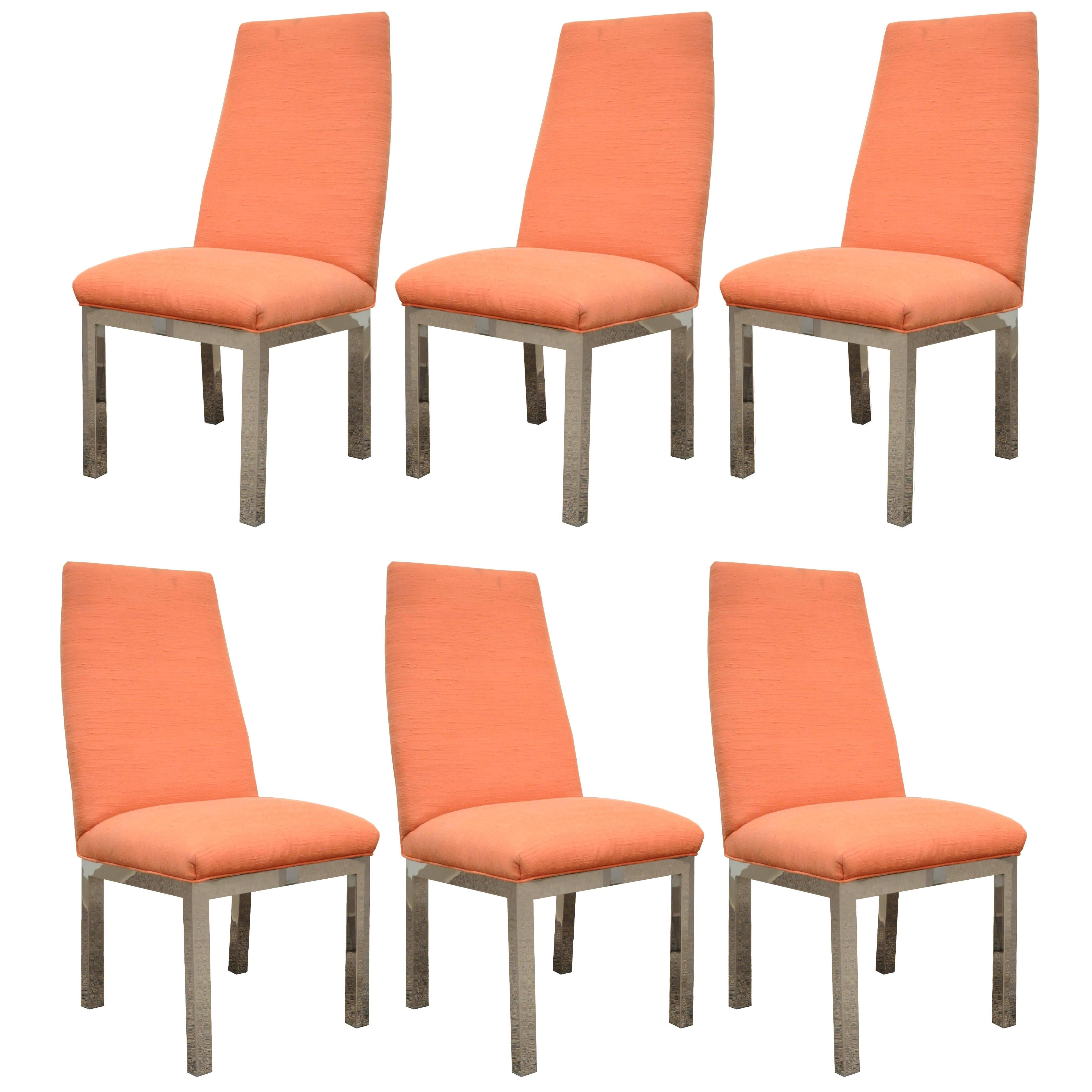 Set of 6 Chrome Parsons Style Dining Side Chairs Attributed to Milo Baughman