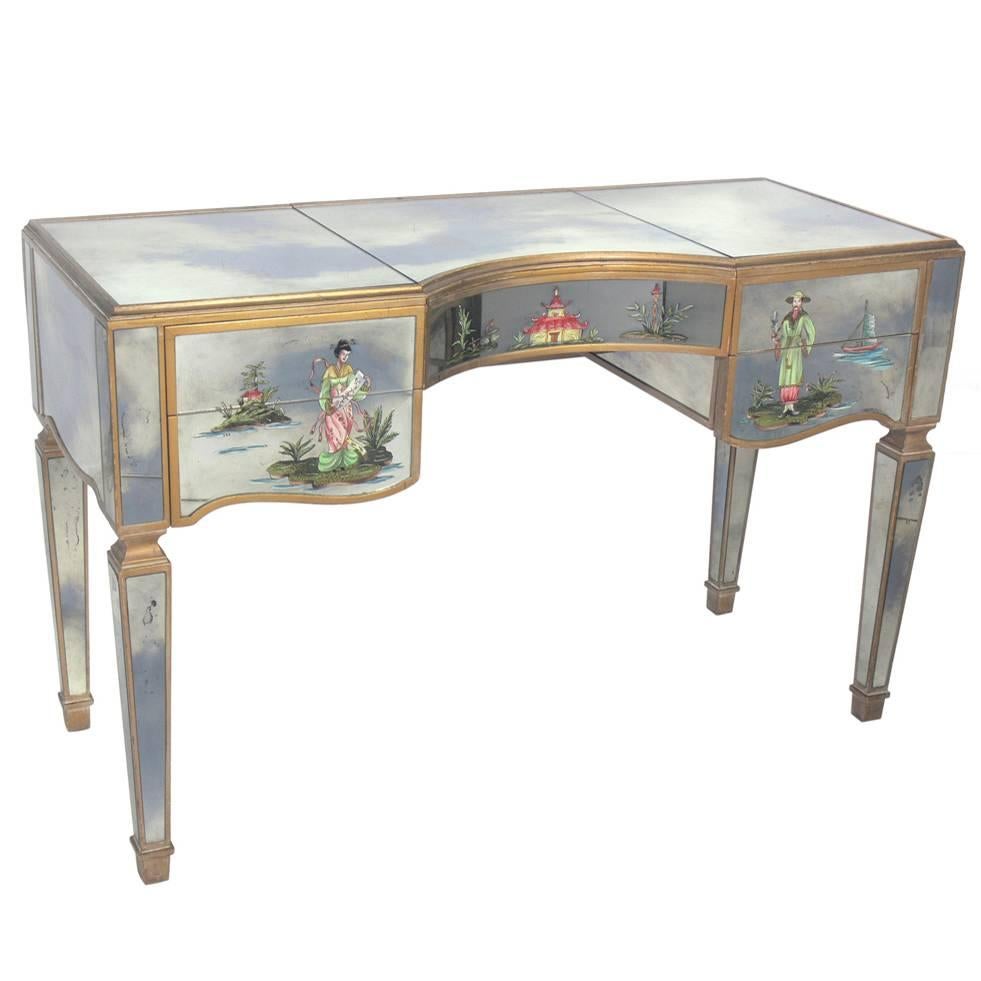 1940s Mirrored Vanity with Asian Decoration 