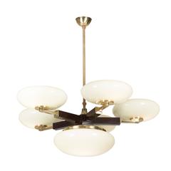 Opaque Glass and Brass Chandelier, German, 1930s