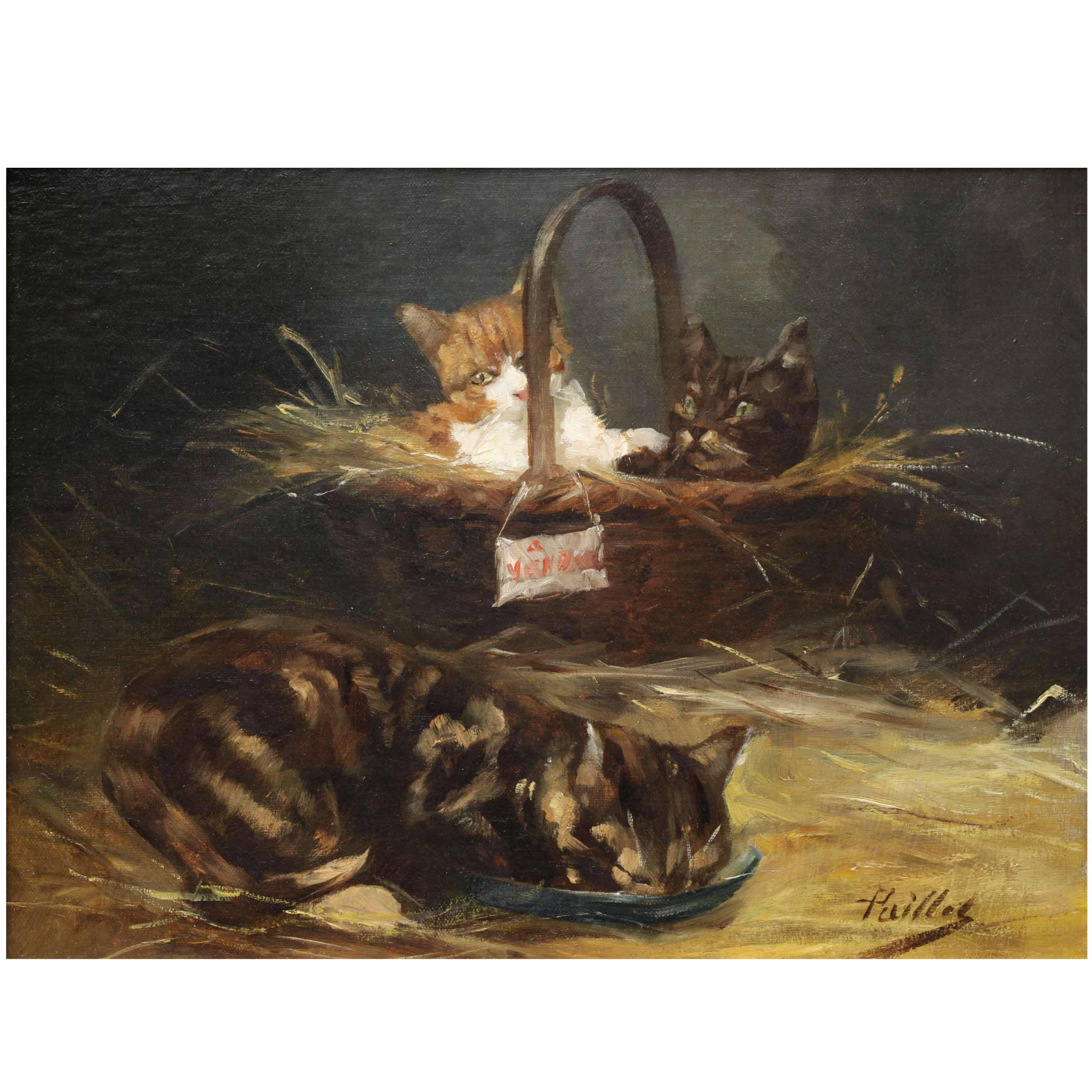 Oil on Canvas of Cat and Kittens For Sale