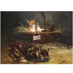 Antique Oil on Canvas of Cat and Kittens