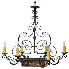 Early 20th Century French Six-Light Iron Chandelier with Copper Jardiniere