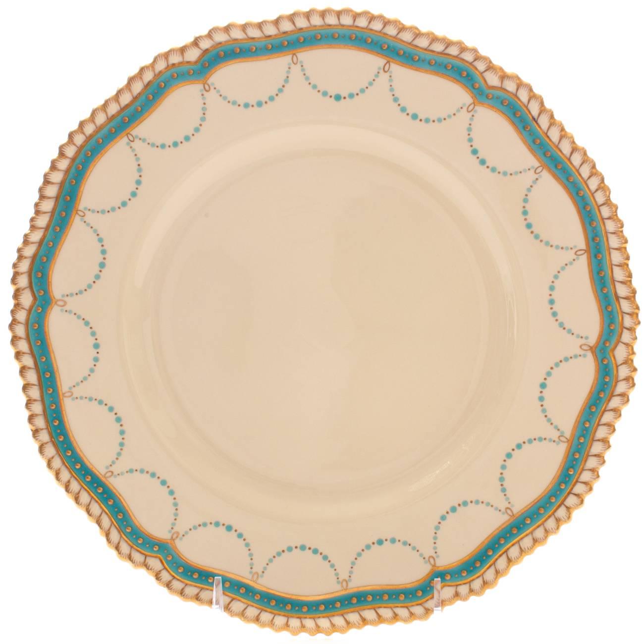 12 Turquoise Jeweled Antique English with Gold Beading Dinner Plates
