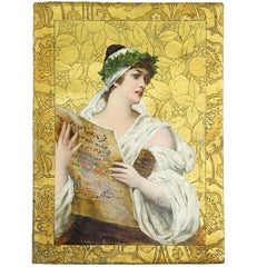 Exquisite Craftsmanship Gilt Leather Folio with Hand Painted Musical Maiden 