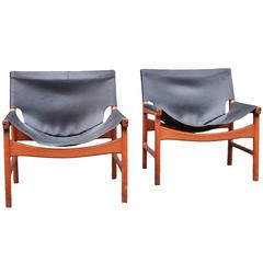 Rare Matching Pair of Illum Wikkelso Teak and Leather Lounge Chairs