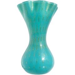 Alfredo Barbini Murano Teal Gold Flecks Italian Art Glass Fan Rim Flower Vase