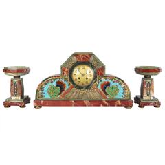 Art Nouveau or Art Deco Cloisonné Clock Set 