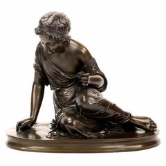 French Classical Antique Bronze Sculpture of Girl with Lizard, 19th Century