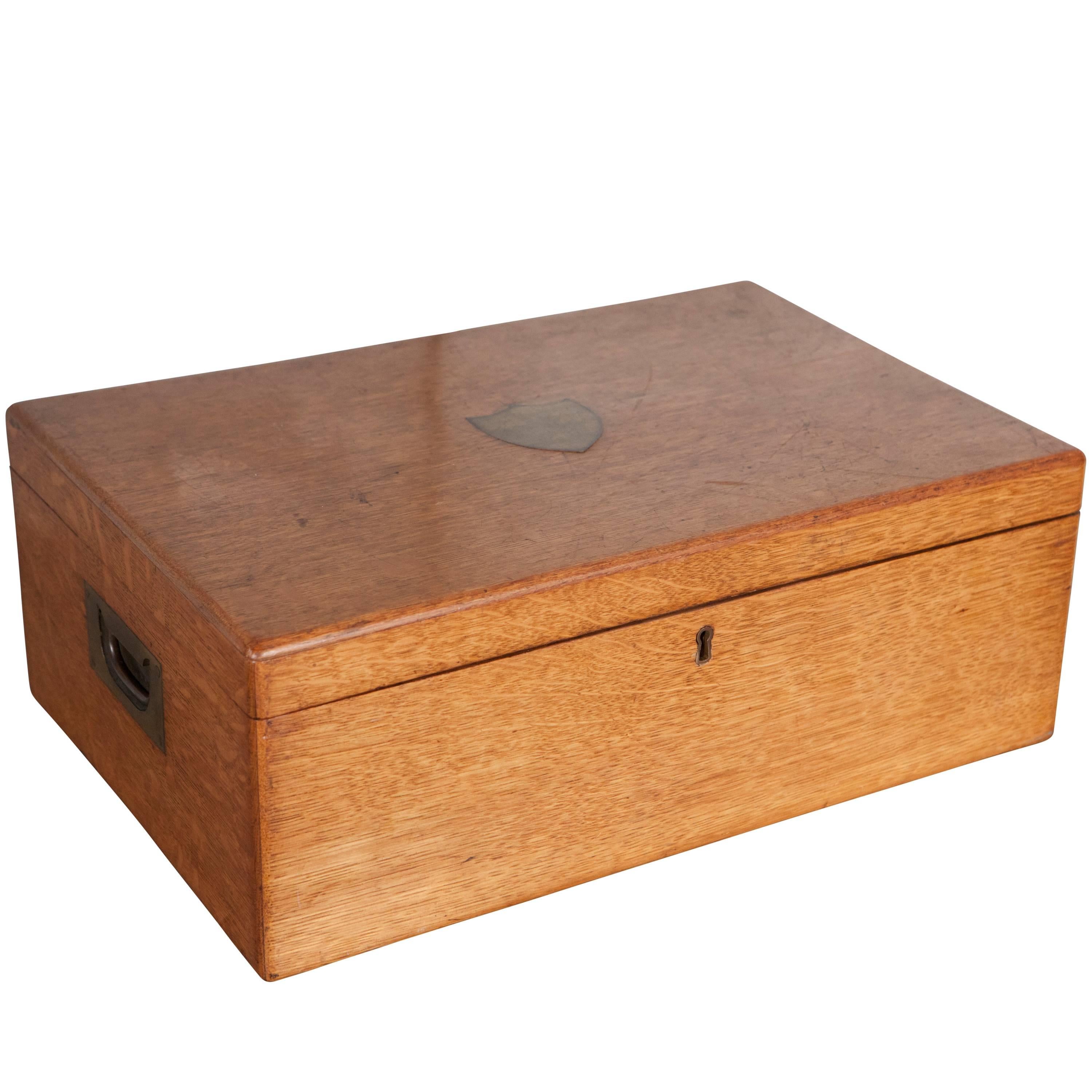 Large Oak Box with Brass Crest For Sale