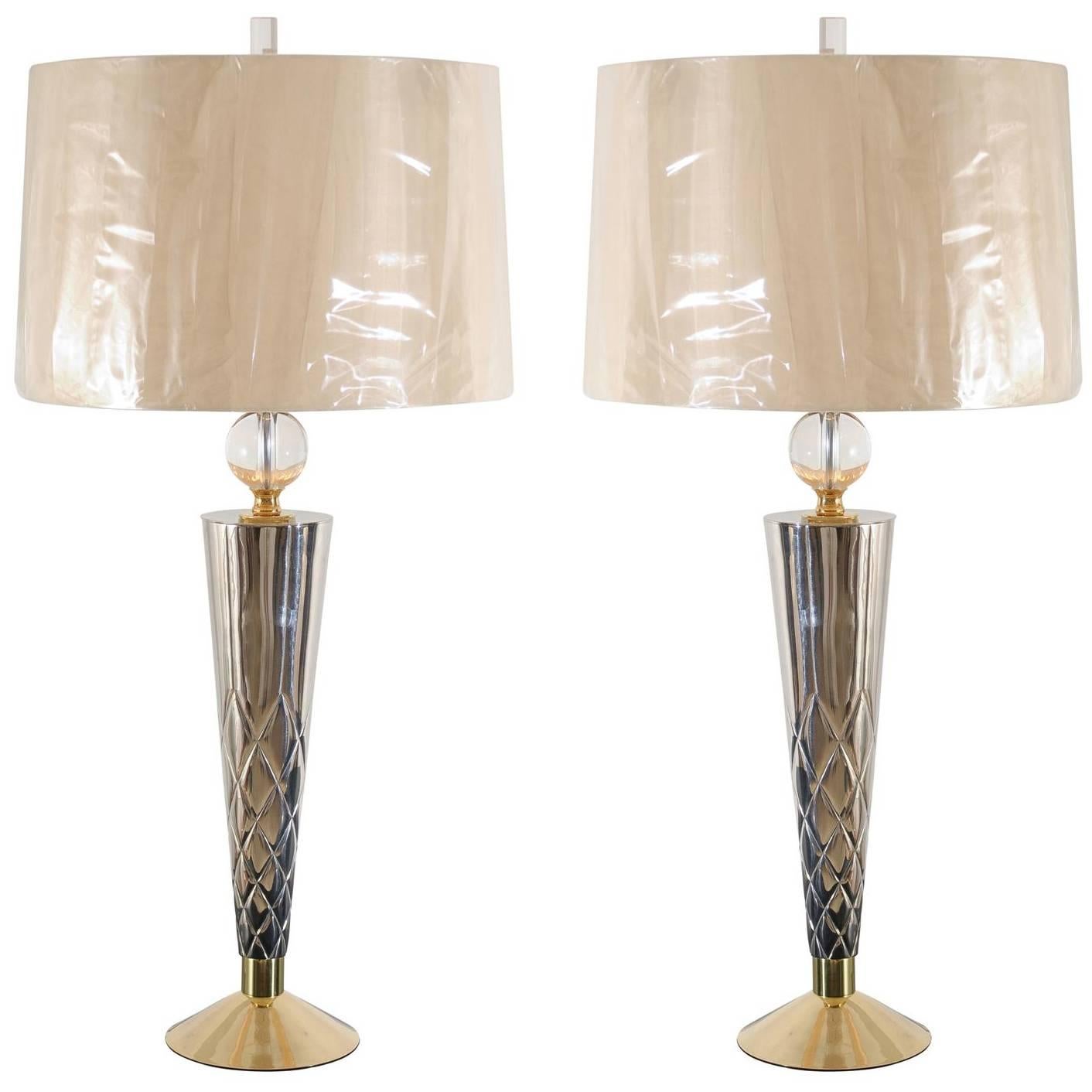 Coppia scultorea di lampade Tornado vintage in nichel, ottone e cristallo