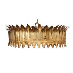 Vintage Spanish Gilt Metal Three-Light Crown Chandelier with Frosted Glass