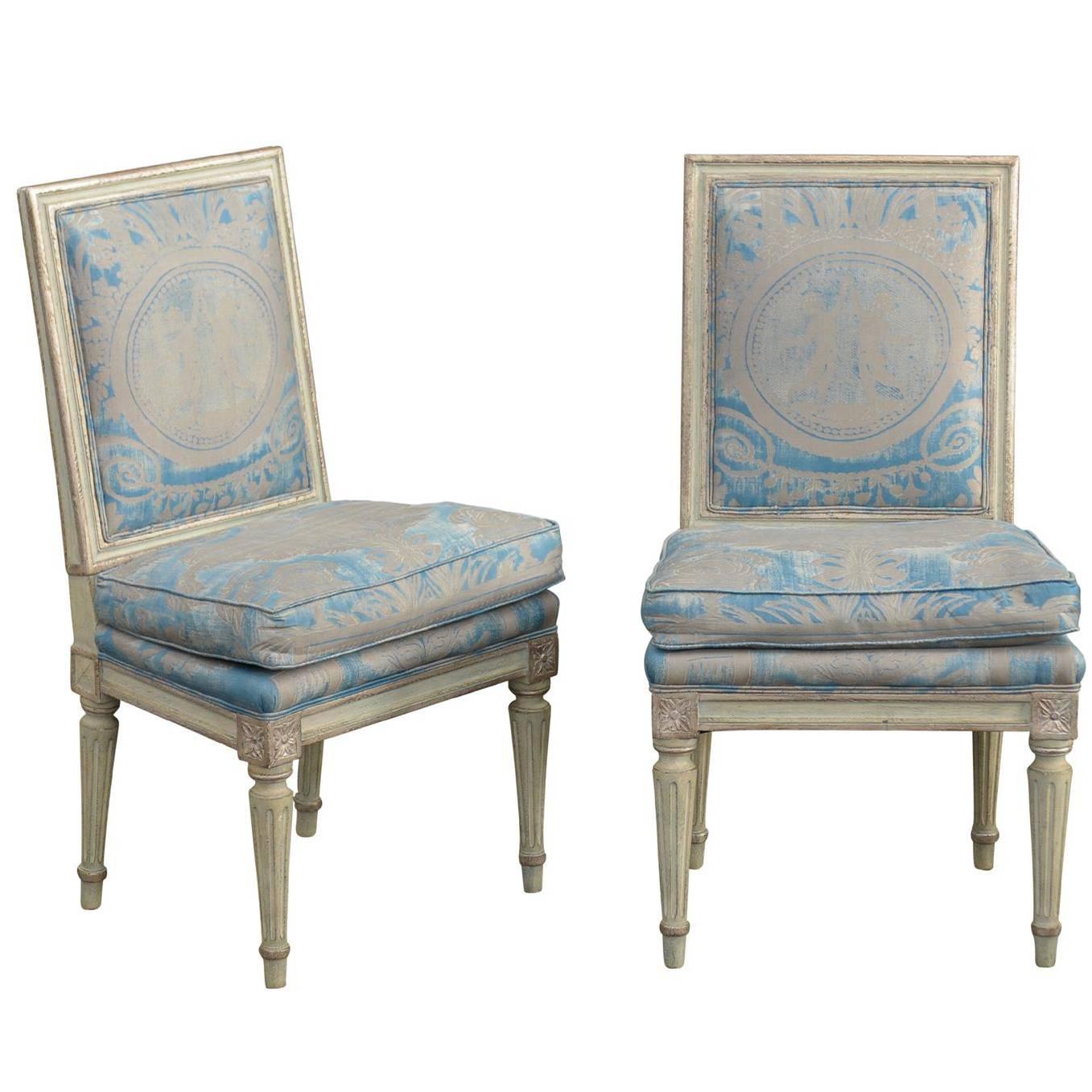 Pair of French Louis XVI Style Slipper Chairs with Fortuny Fabric, circa 1920