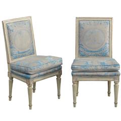 Pair of French Louis XVI Style Slipper Chairs with Fortuny Fabric, circa 1920