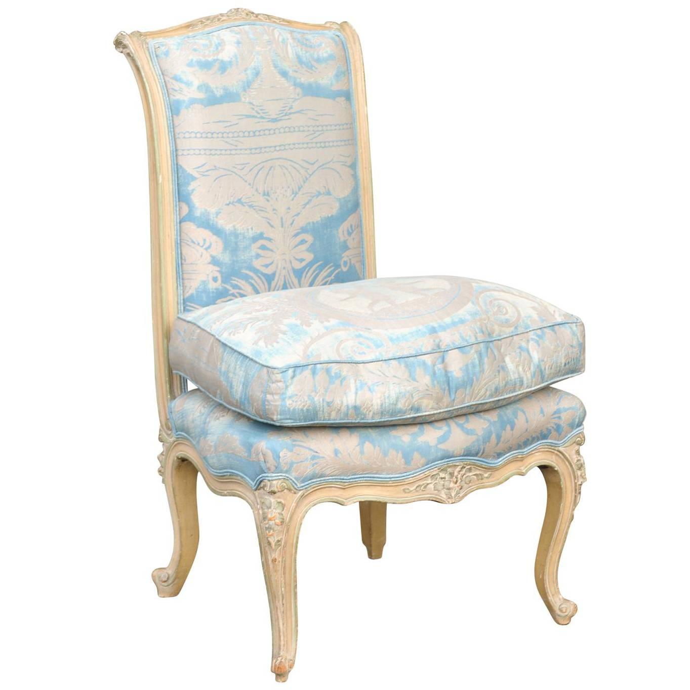 French Louis XV Style Early 20th Century Painted Slipper Chair in Fortuny Fabric