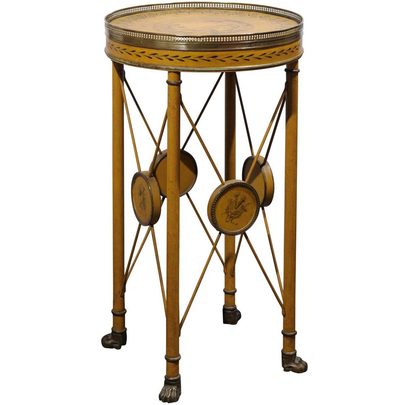 French 1880s Painted Tole Guéridon Table with Brass Accents and Side Stretchers