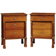 Pair of Italian Fruitwood Empire Bedside Commodes with 3 Drawers
