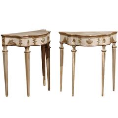 Pair of Italian Petite Painted and Silvered Neoclassical Consoles, Naples