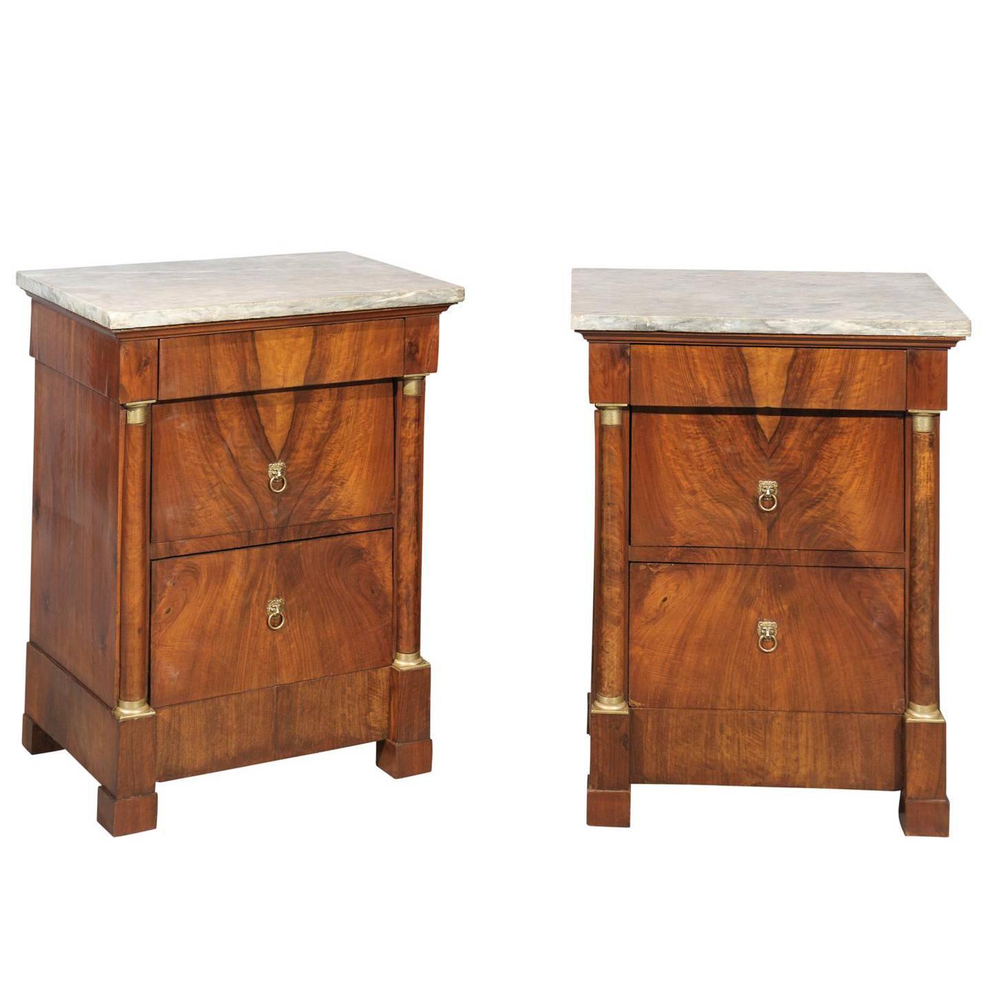 Pair of Bedside Empire Walnut Commodes with Grey Marble Tops