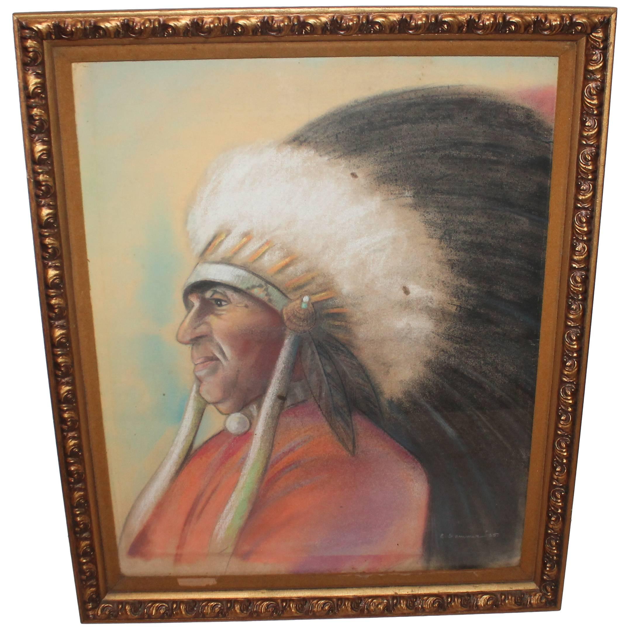 Signed and Dated 1935 Pastel Indian Chief