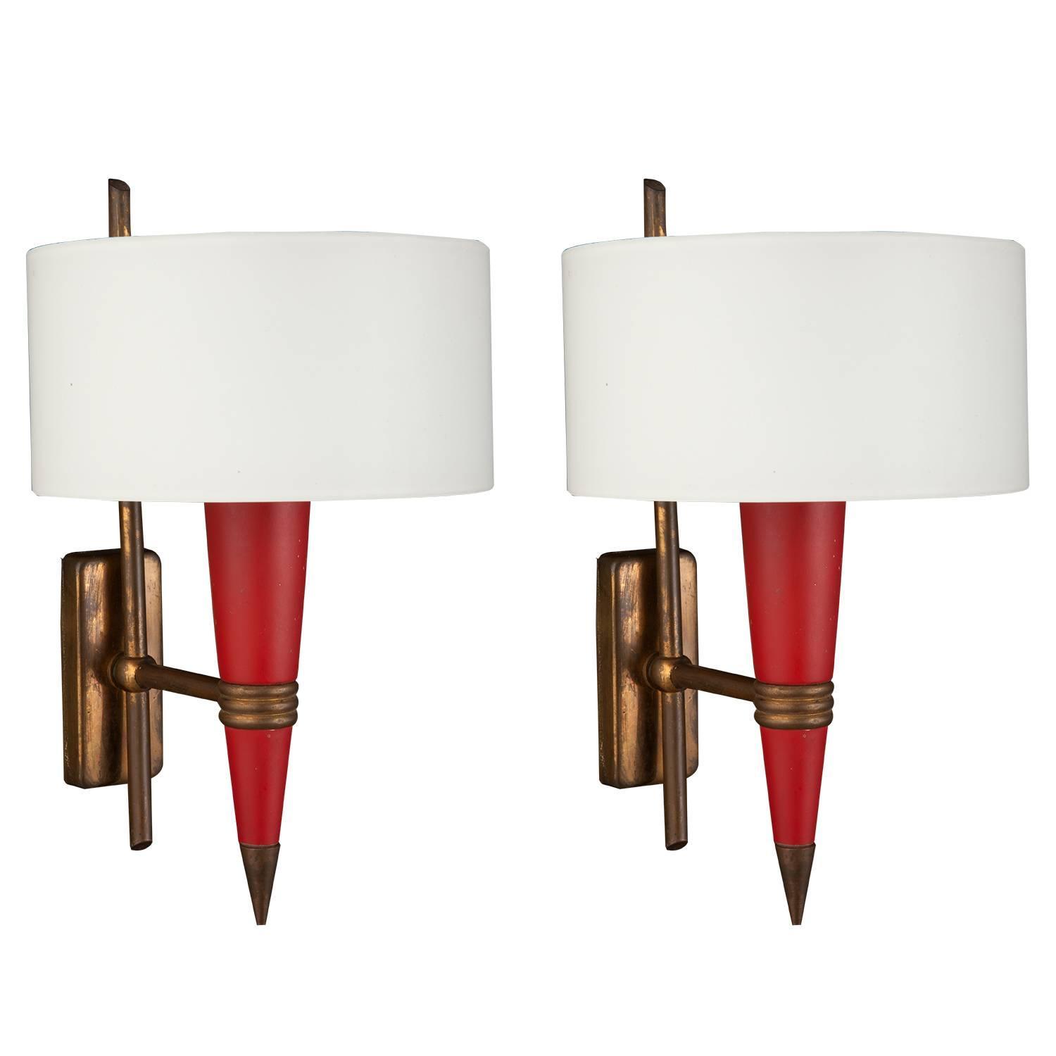 Red Metal / Opaline Glass Sconce at 1stdibs