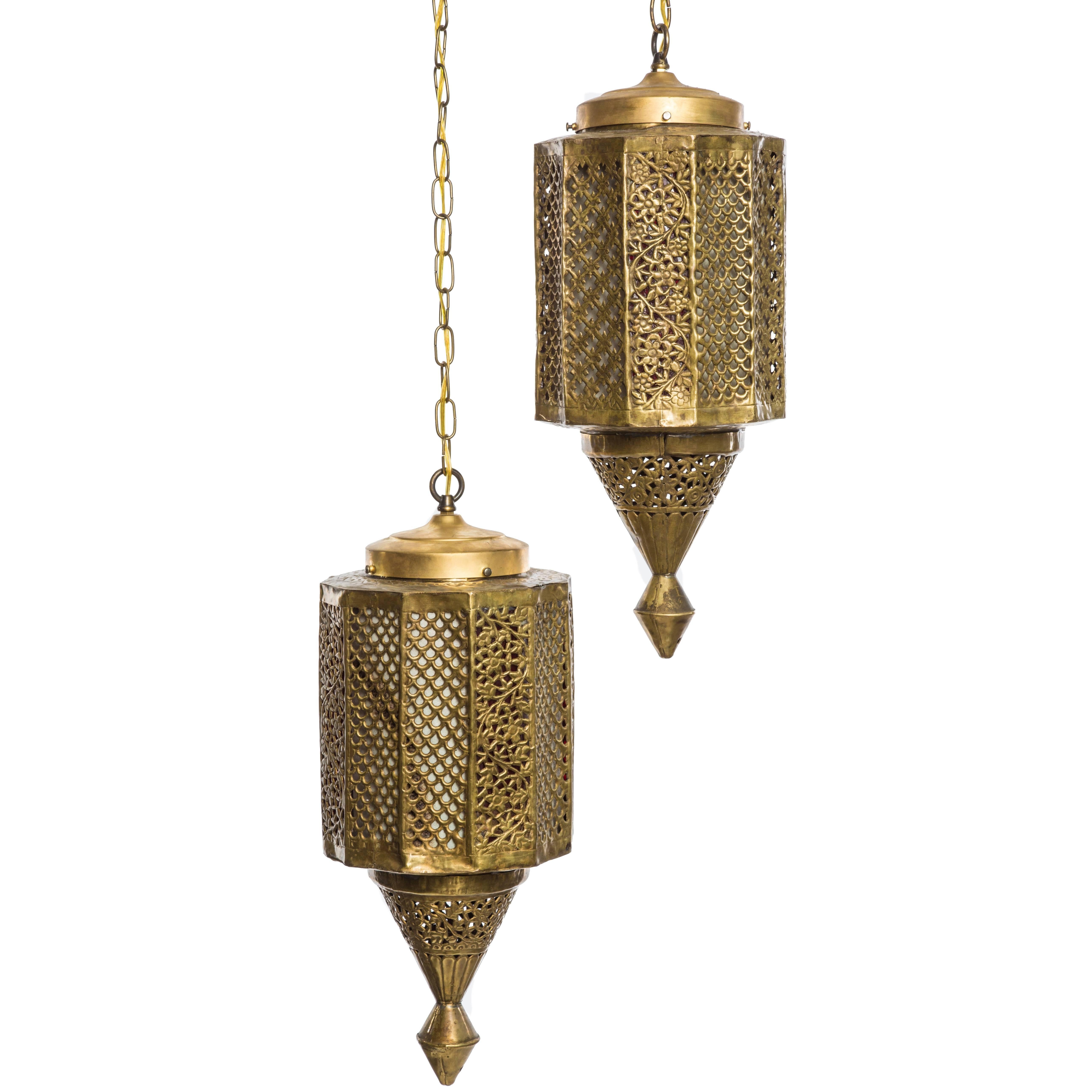 Pair of Antique Moroccan Brass Lanterns For Sale