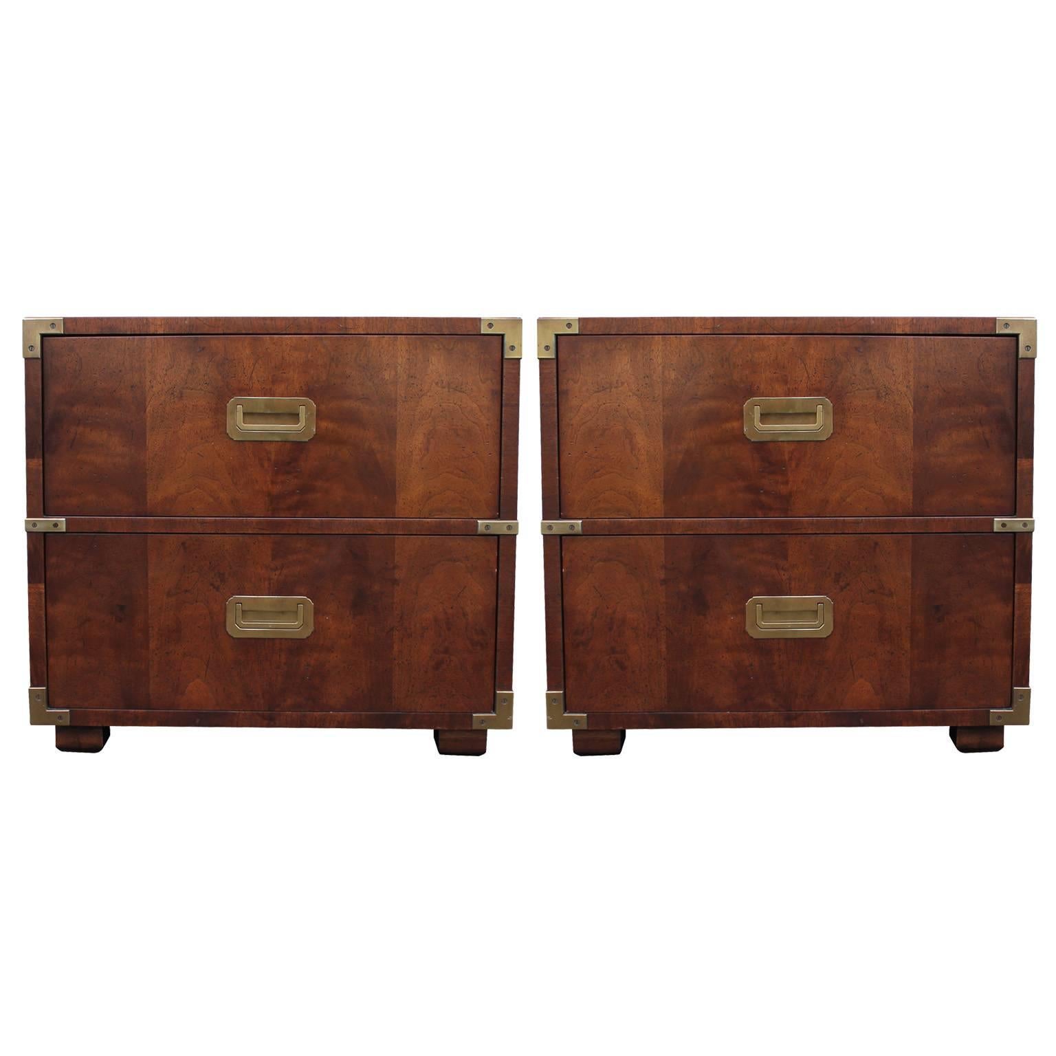 Lovely Pair of Campaign Style Nightstands or Side Tables by Henredon