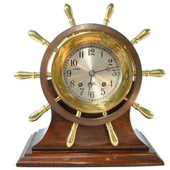 Vintage Chelsea Ship's Bell Yacht Wheel, Pilot Model Clock with Stand