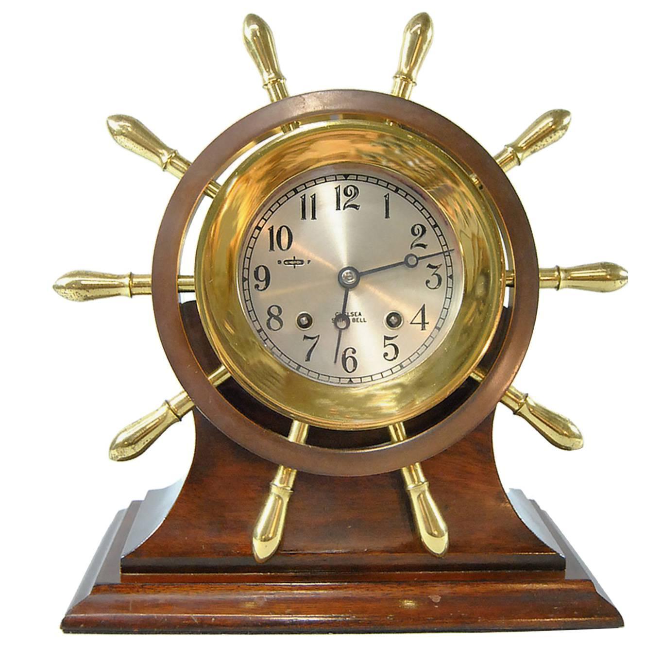 Chelsea Ship's Bell Yacht Wheel, Pilot Model Clock with Stand at 1stdibs