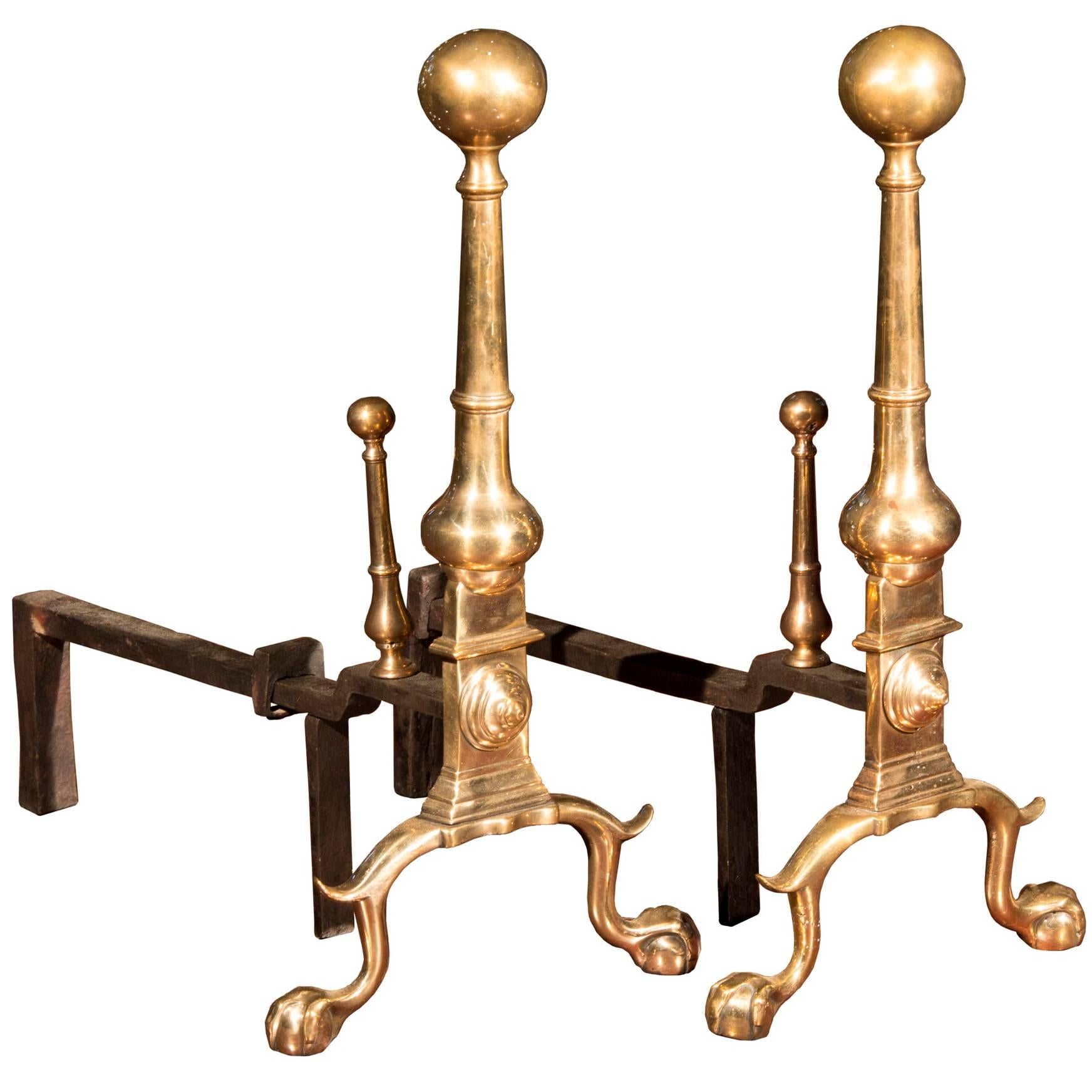Pair of American Rose Brass Andirons with Claw and Ball Feet, Newport circa 1780 For Sale