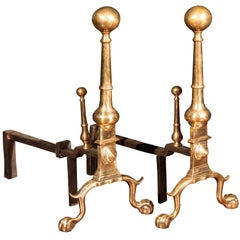 Pair of American Rose Brass Andirons with Claw and Ball Feet, Newport circa 1780