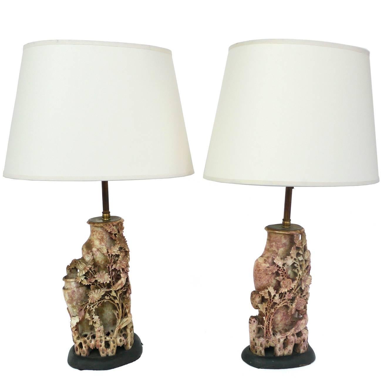 Pair of Carved Chinese Soapstone Lamps