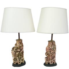 Pair of Carved Chinese Soapstone Lamps